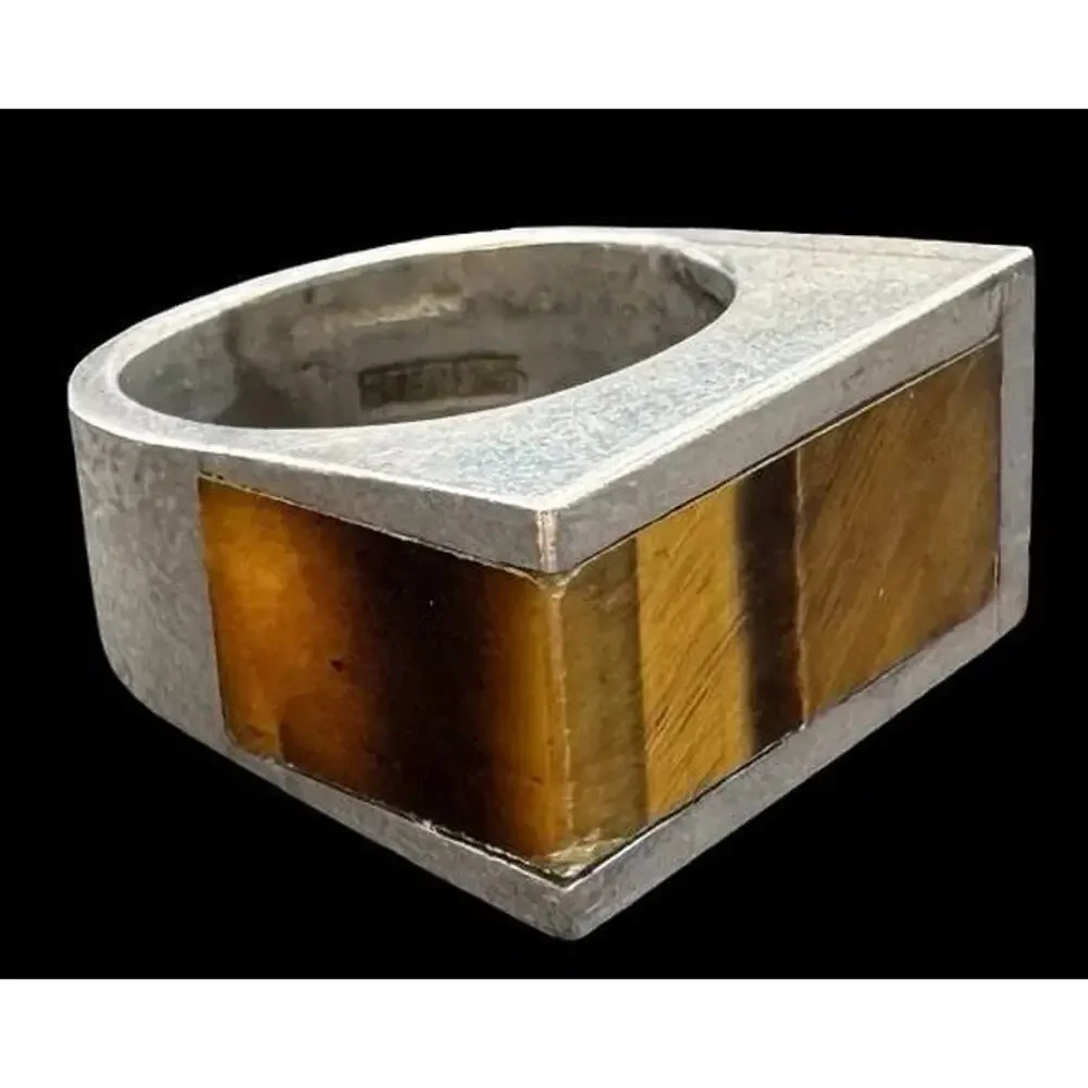 Vintage 1970s Sterling Silver Tiger's Eye Post Modern Designer Ring